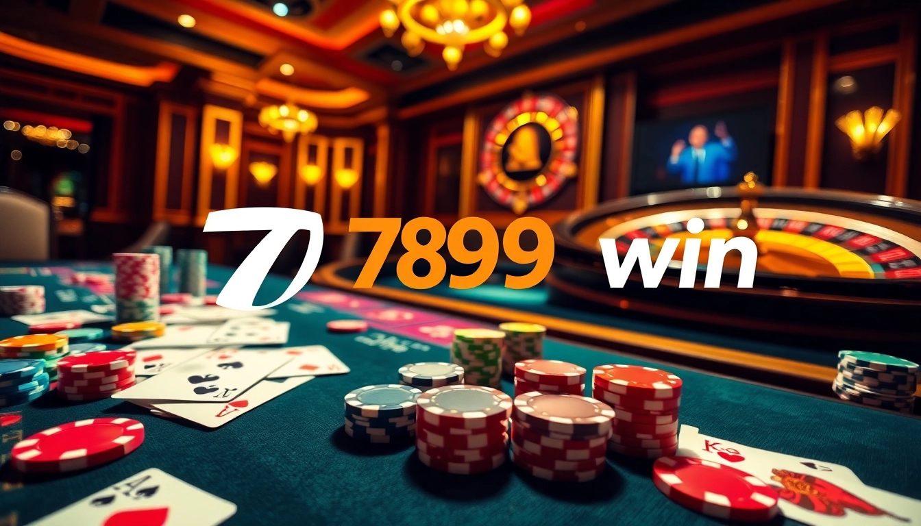 Experience the thrill of gambling at 789win's luxurious casino tables with vibrant poker chips and dealer cards.