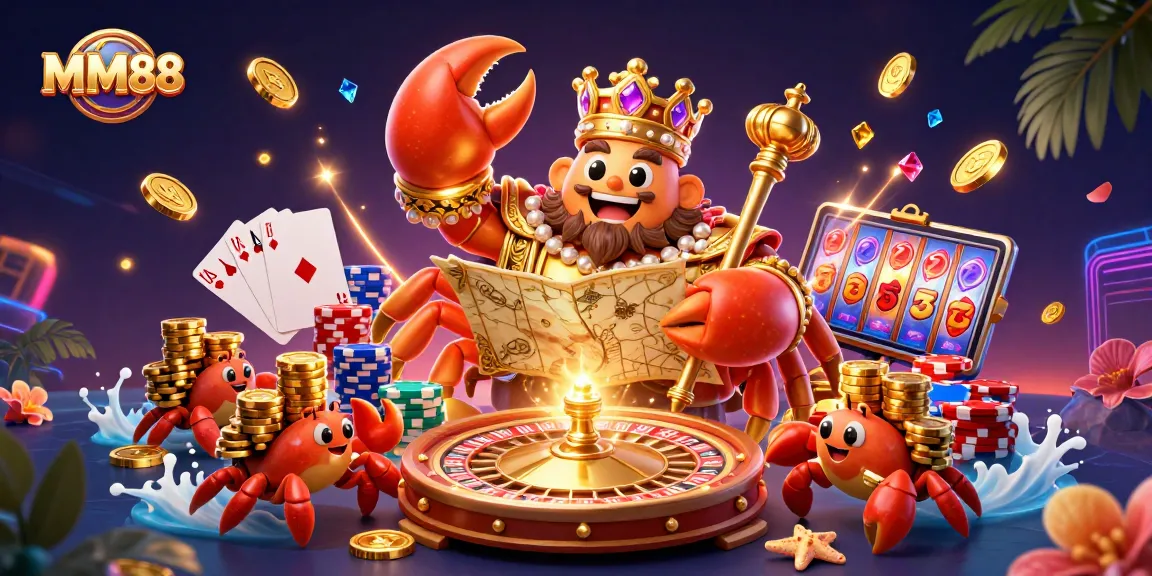 Experience vibrant gaming action at MM88, featuring a golden crab empress in a dynamic casino scene.