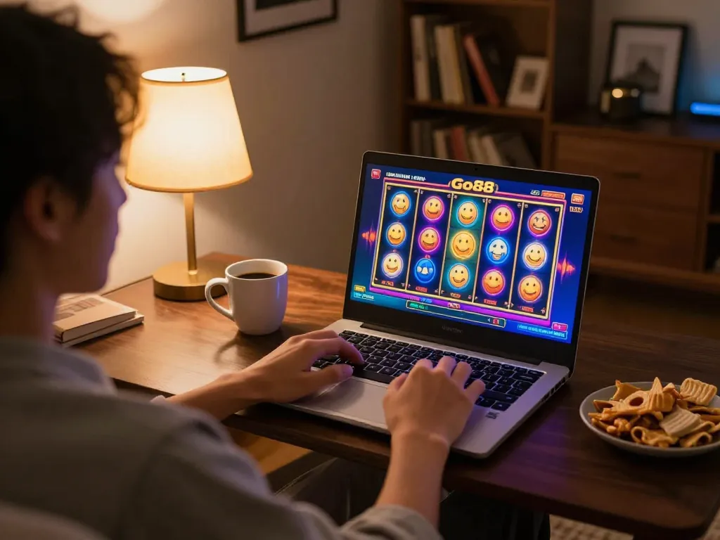 Engaging gameplay on Go88 showcases vibrant slot interface and cozy home setting.