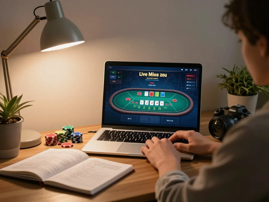 Engaging FLY88 online gaming experience with live blackjack on a laptop in a cozy home