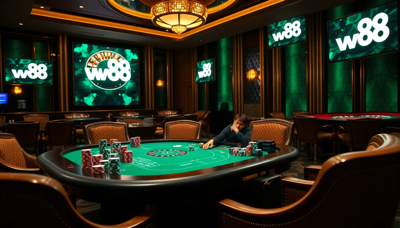 Players enjoying a thrilling poker game with ww88 branding in a luxurious casino setting.