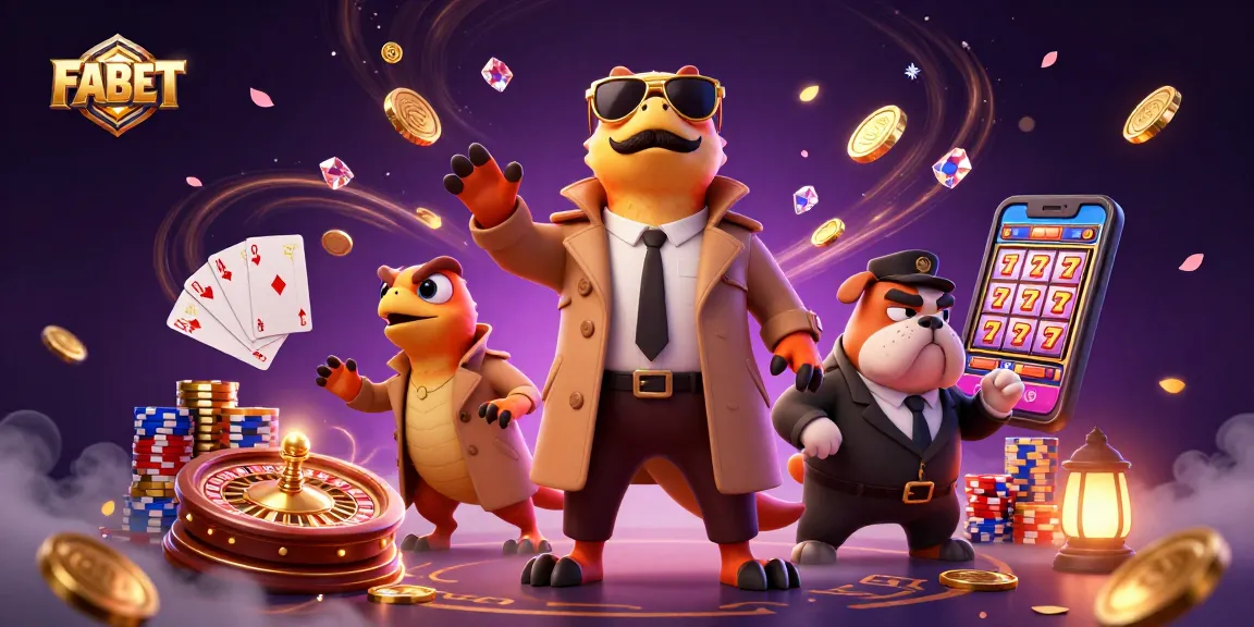 FABET captivates players in a vibrant casino scene with three raptors in disguise, golden coins, and a bouncer.