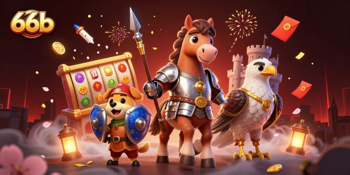 Engage with 66b in a vibrant 3D casino scene featuring a knight, puppy, and falcon amid slot reels and gold coins.