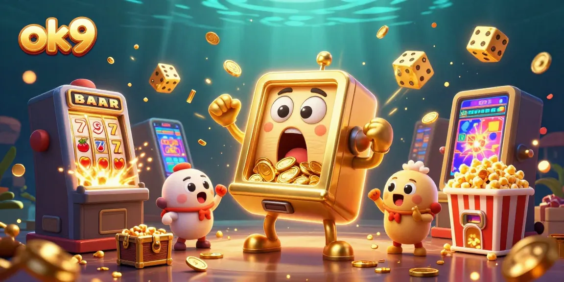 ok9 slot machine celebrates a jackpot victory as coins cascade down, illustrating casino excitement