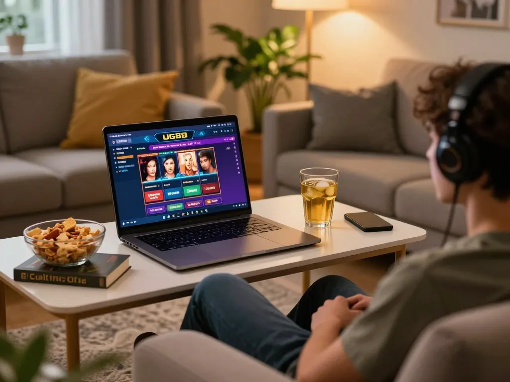 Engaging scene at home with user enjoying online casino gaming on ug88 platform, laptop displaying exciting poker game.