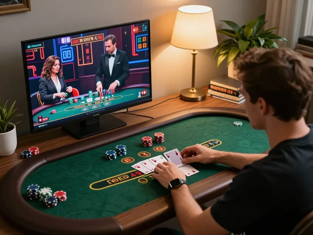 Engaging in a live dealer blackjack game at 789BET, showcasing a cozy home gaming setup.