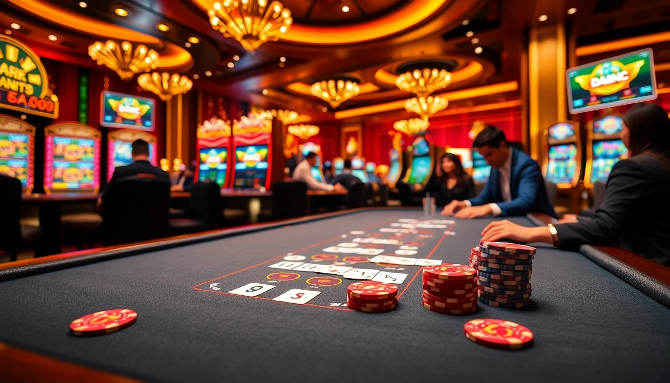 Players enjoying gaming at https://da88.navy/ casino with vibrant poker chips and cards.