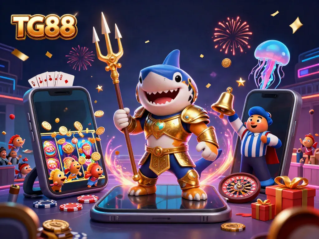 Experience thrilling games at TG88, featuring energetic tiger shark gladiators and dynamic slot gameplay.