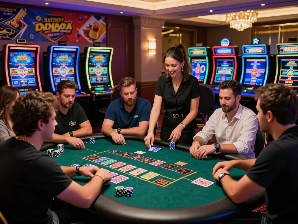 Engaging casino scene featuring diverse players at 23win, highlighting excitement with cards, chips, and a welcoming dealer.