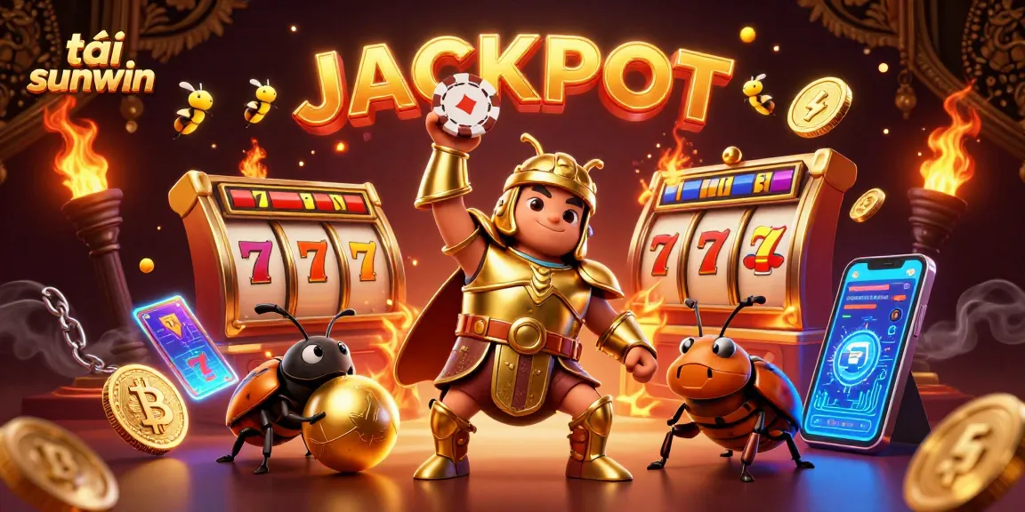 Play slots and win with tải sunwin featuring a victorious beetle and coins in a casino-themed illustration.