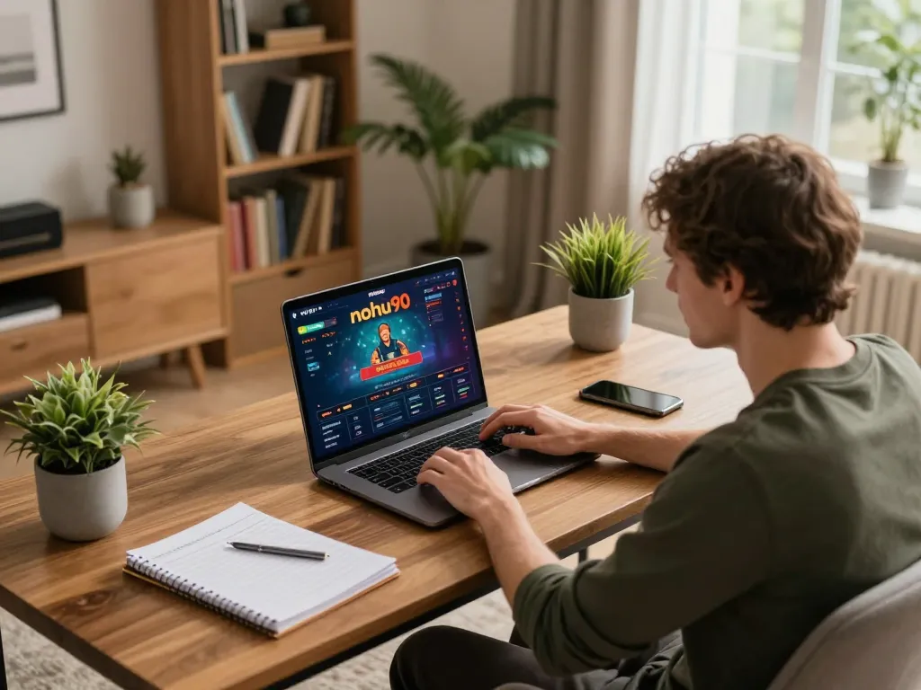Nohu90 gaming setup showcasing a player engaging with online casino games in a cozy home environment