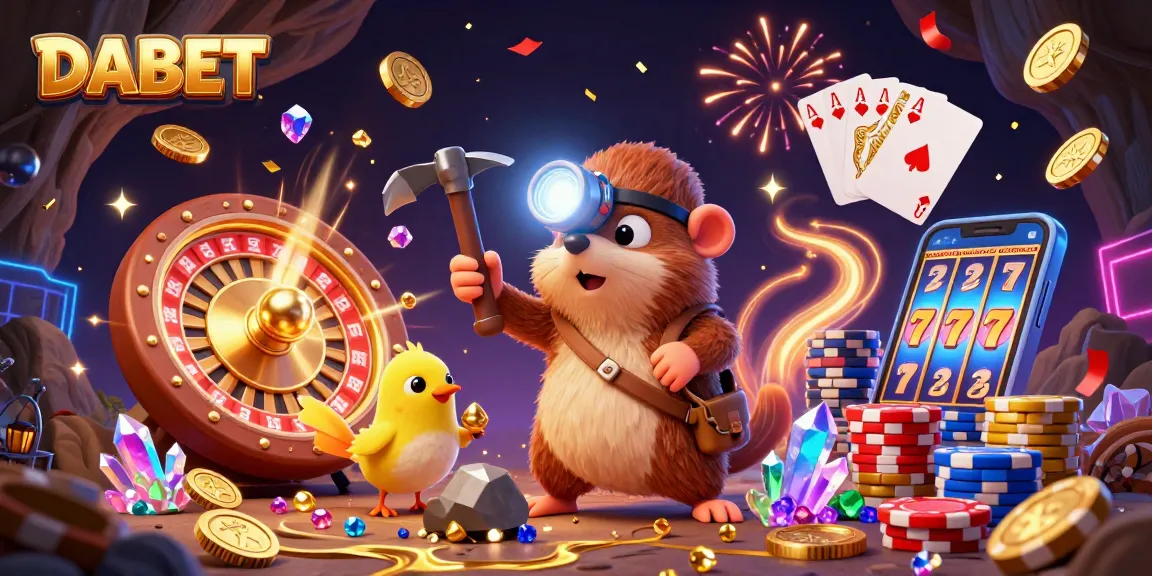 DABET engages players in a vibrant casino adventure with a treasure hunter mole, golden coins, and sparkling gems.