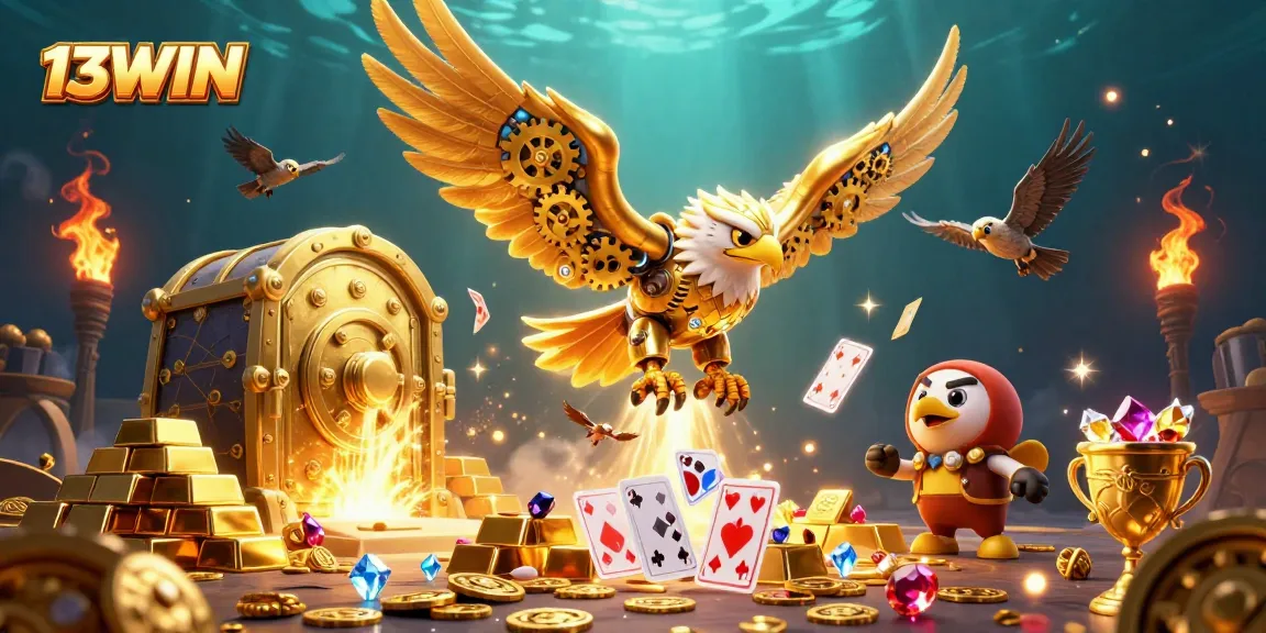 Reveal hidden treasures at 13WIN with an exciting 3D casino-themed illustration showing captivating gameplay elements.