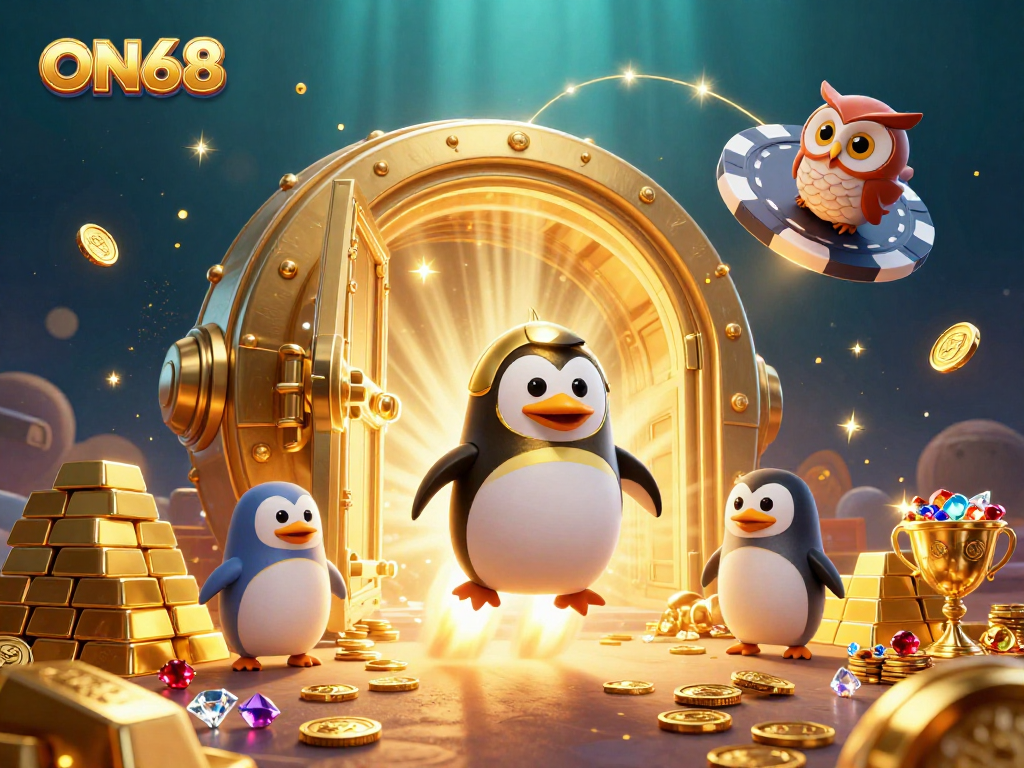 Experience the thrill of casino gaming at ON68 with a golden penguin navigating through treasure-filled space!