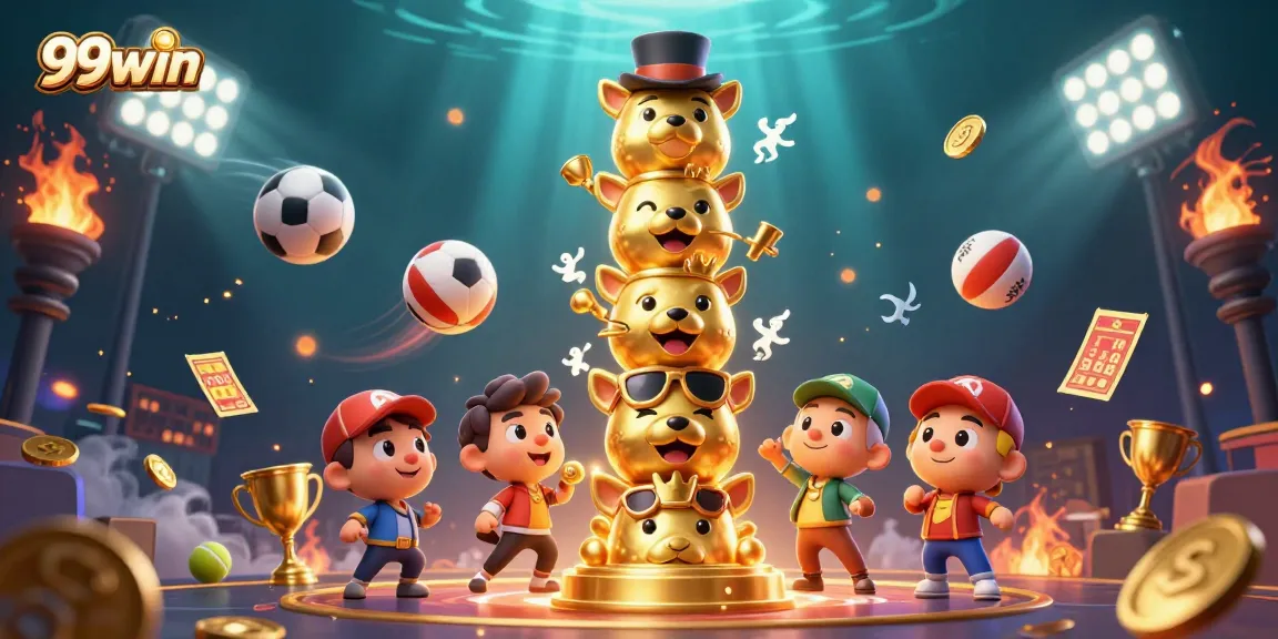 Immerse yourself in 99win’s vibrant atmosphere with dynamic sports elements and a golden totem.