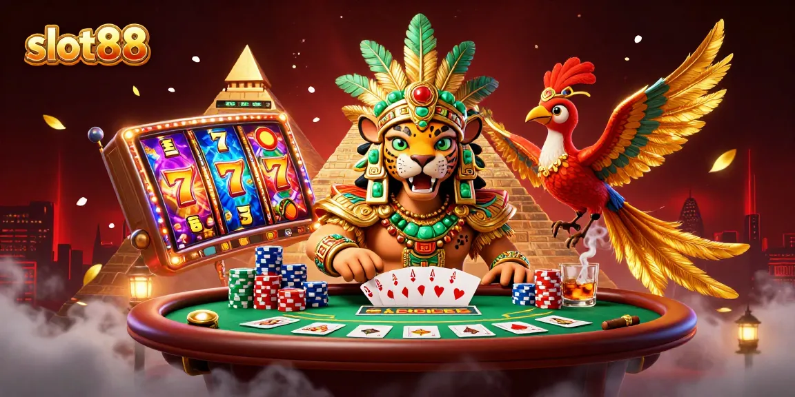 Experience the thrill of slot88 with dynamic reels and vibrant casino elements in this colorful illustration.
