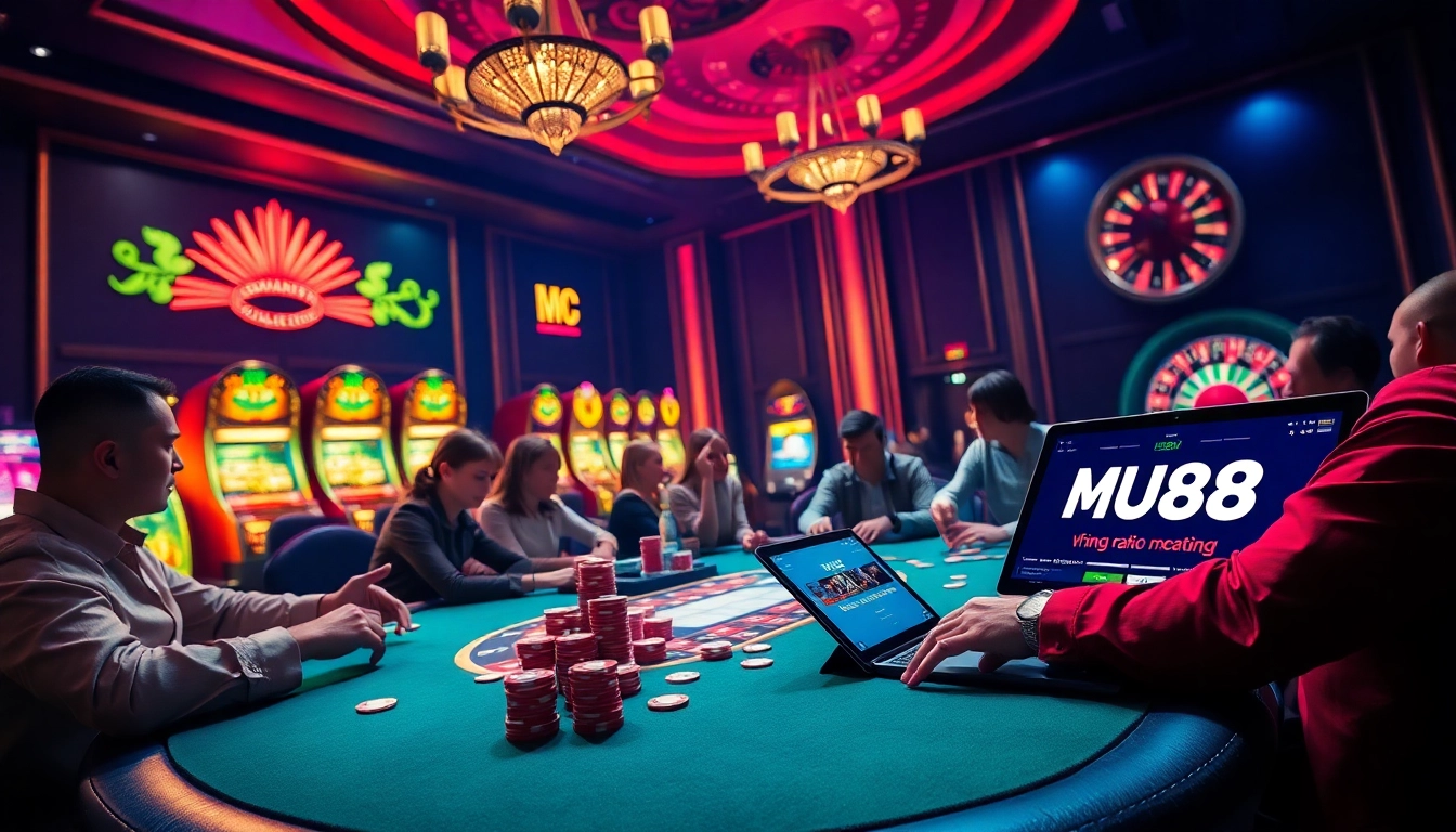 Engaging gambling scene emphasizing mu88 đăng nhập with poker action at a luxurious casino table.