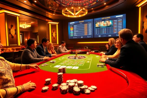Experience excitement and strategy at https://mb66.golf/ poker table amidst vibrant casino decor.