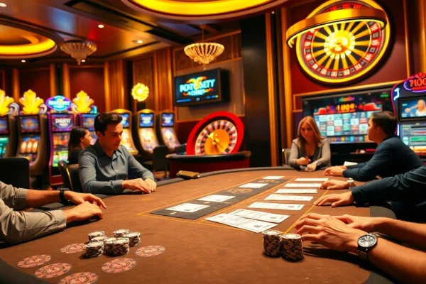 Players enjoying poker at a vibrant casino filled with exciting slot machines at https://rr88a.us.com/.