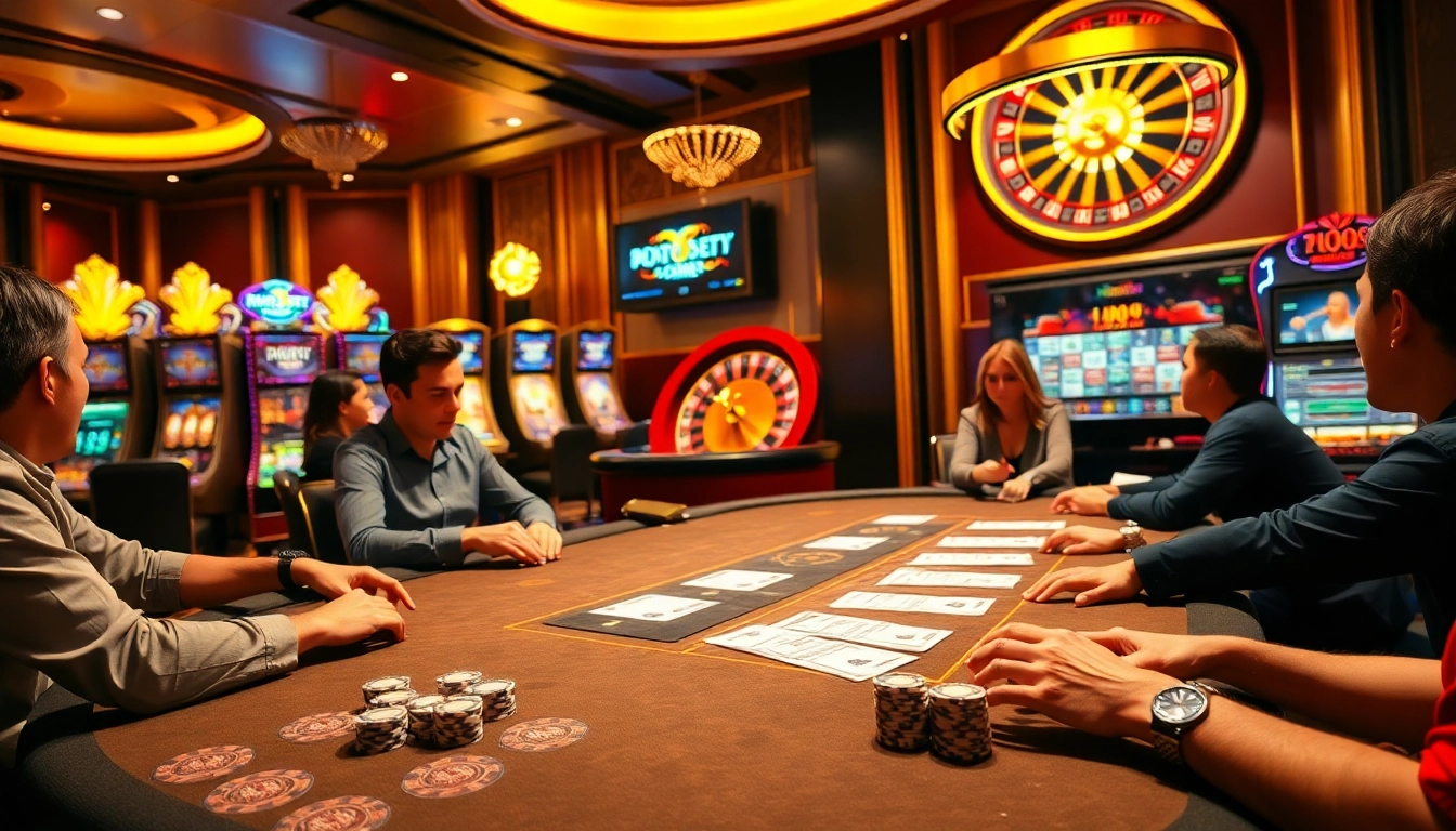 Players enjoying poker at a vibrant casino filled with exciting slot machines at https://rr88a.us.com/.
