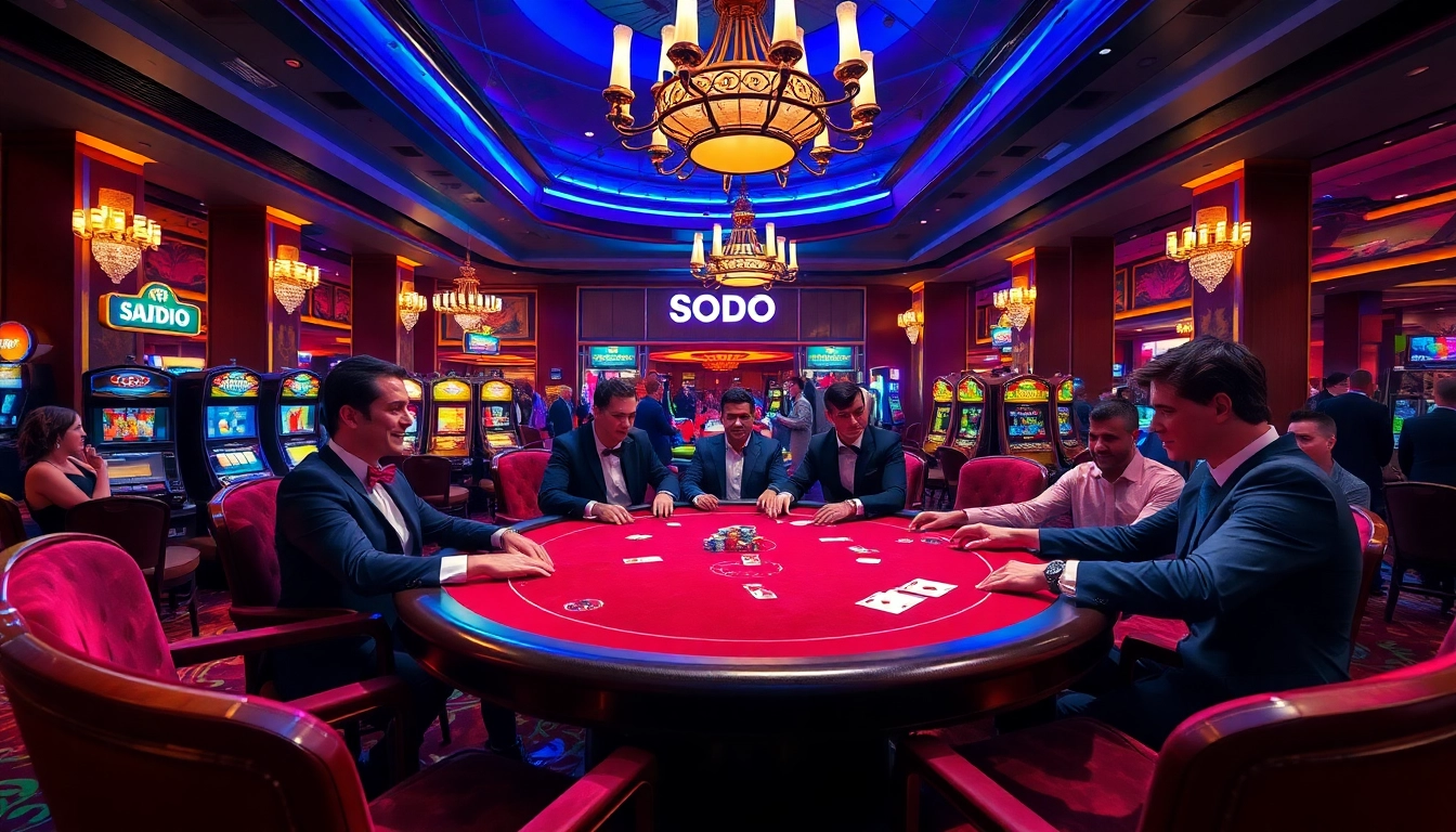 SODO Casino scene featuring high-stakes poker action with elegant players and vibrant casino lights.
