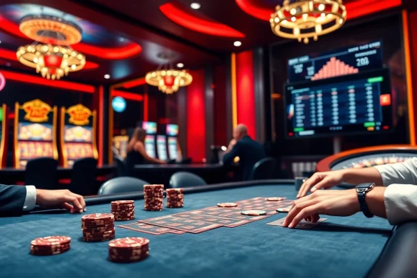 Excited players engaging at a poker table in a luxurious casino showcasing mm88 kjc.