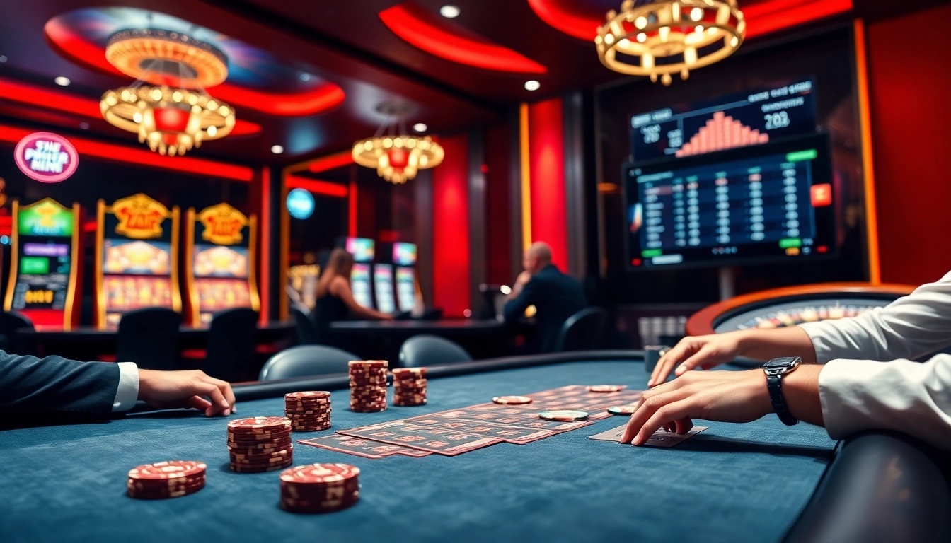 Excited players engaging at a poker table in a luxurious casino showcasing mm88 kjc.
