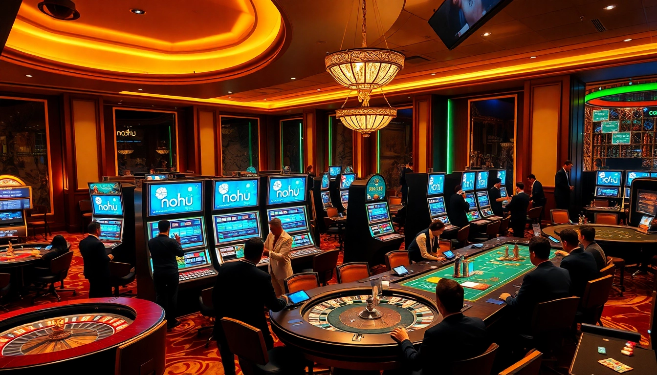 Playful gamblers enjoying exciting slot machines at nohu casino.