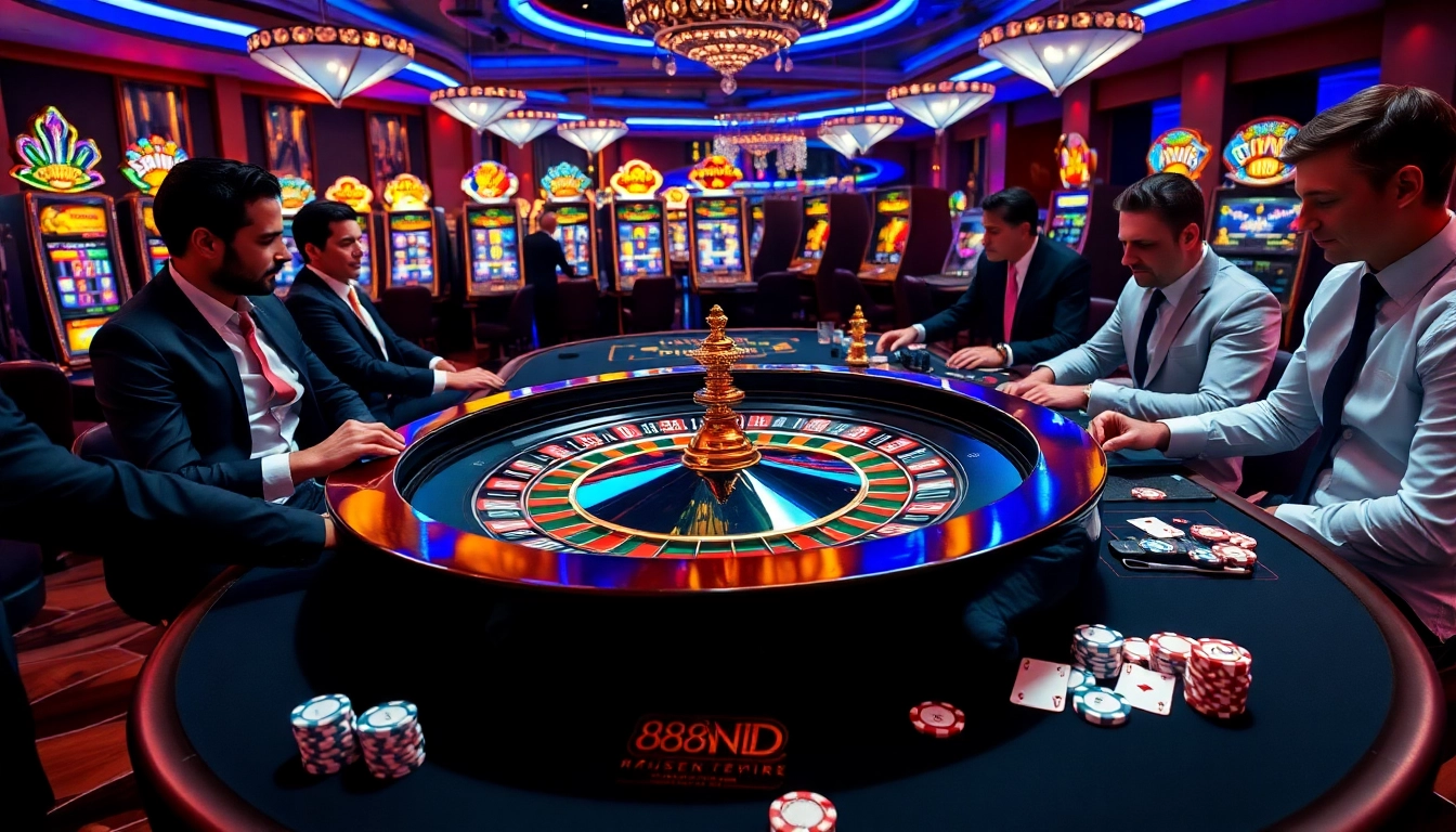Excited players engaging in high-stakes gambling at a luxurious casino, showcasing 888vnd chips.
