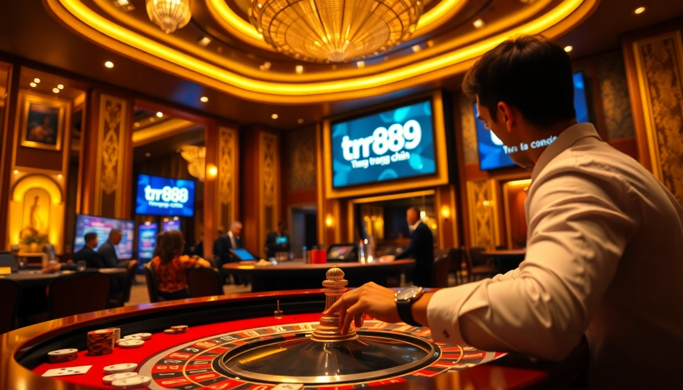 Experience the excitement of tr88 trang chủ at the roulette table with vibrant casino visuals.
