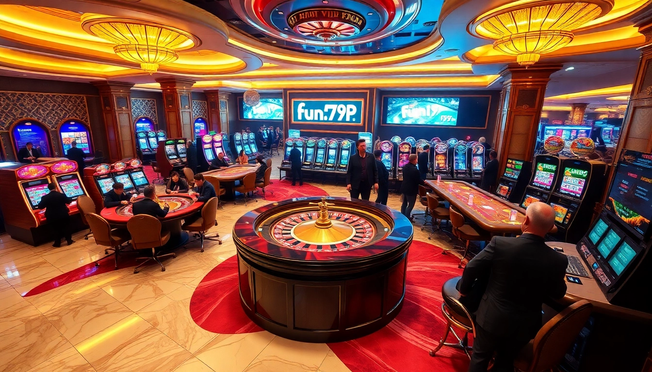 Experience high-stakes thrill at fun79.vip with players enjoying a luxurious casino gaming atmosphere.