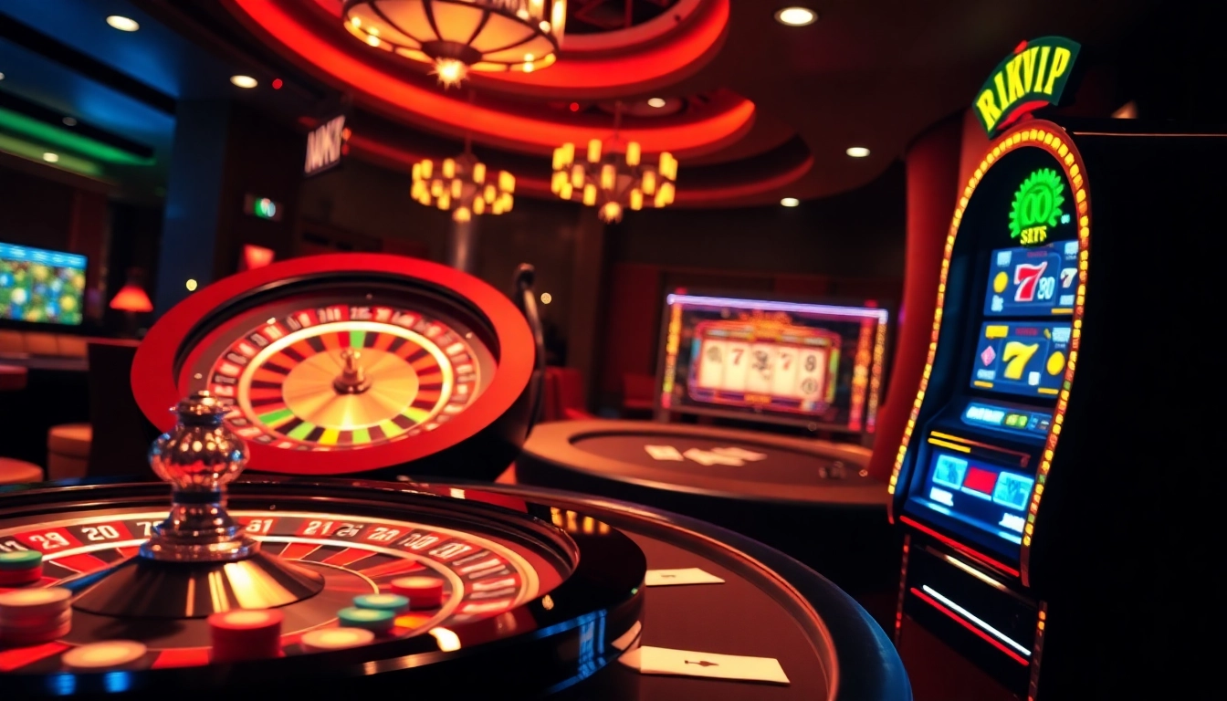 Exciting online gambling scene featuring RIKVIP's vibrant roulette wheel and poker tables.