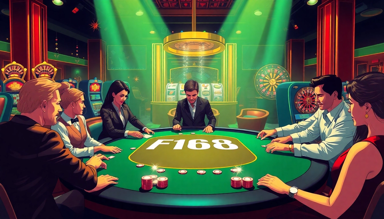 Players engaging in a strategic poker game at an F168-branded casino table.