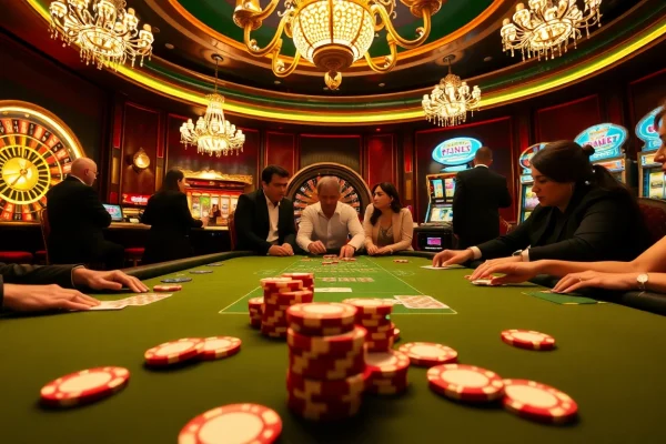 Players engaging in an MB66 table game, showcasing vibrant poker chips and cards in a luxurious casino.