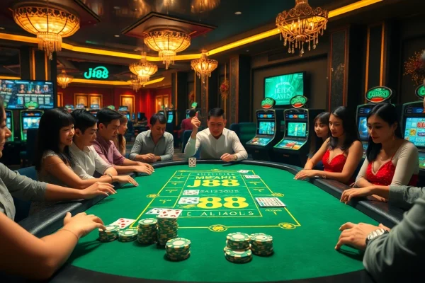 Experience high-stakes excitement with j88-themed gambling at a luxurious casino table.