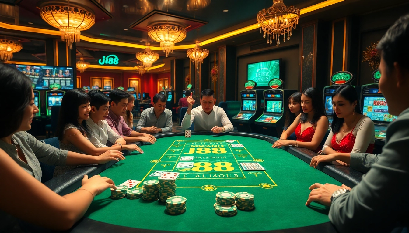 Experience high-stakes excitement with j88-themed gambling at a luxurious casino table.