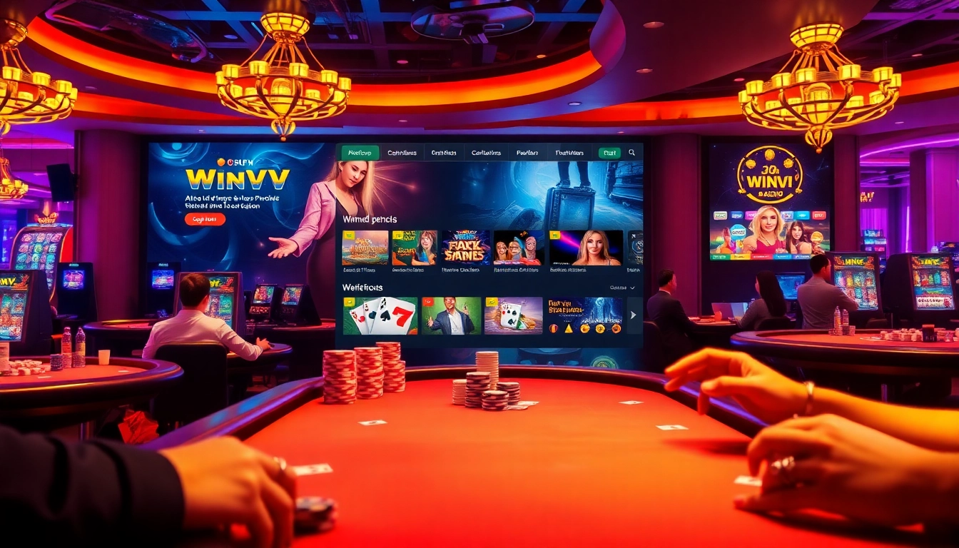 A captivating gaming scene at https://winvn.wiki, showcasing vibrant casino tables, players engaged in online games, and an immersive digital experience.