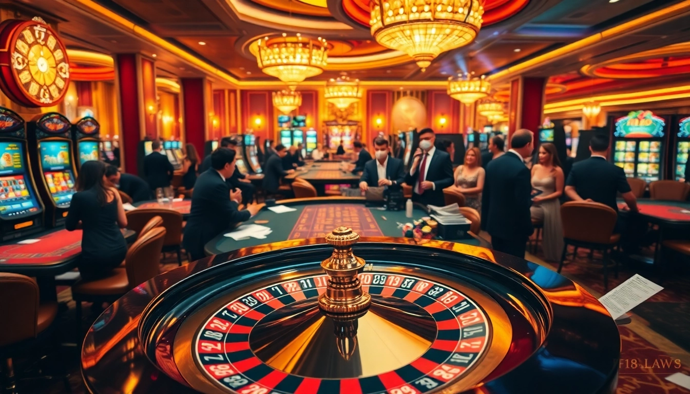 Players enjoying a thrilling casino experience at F168 law tables, showcasing excitement and luxury.